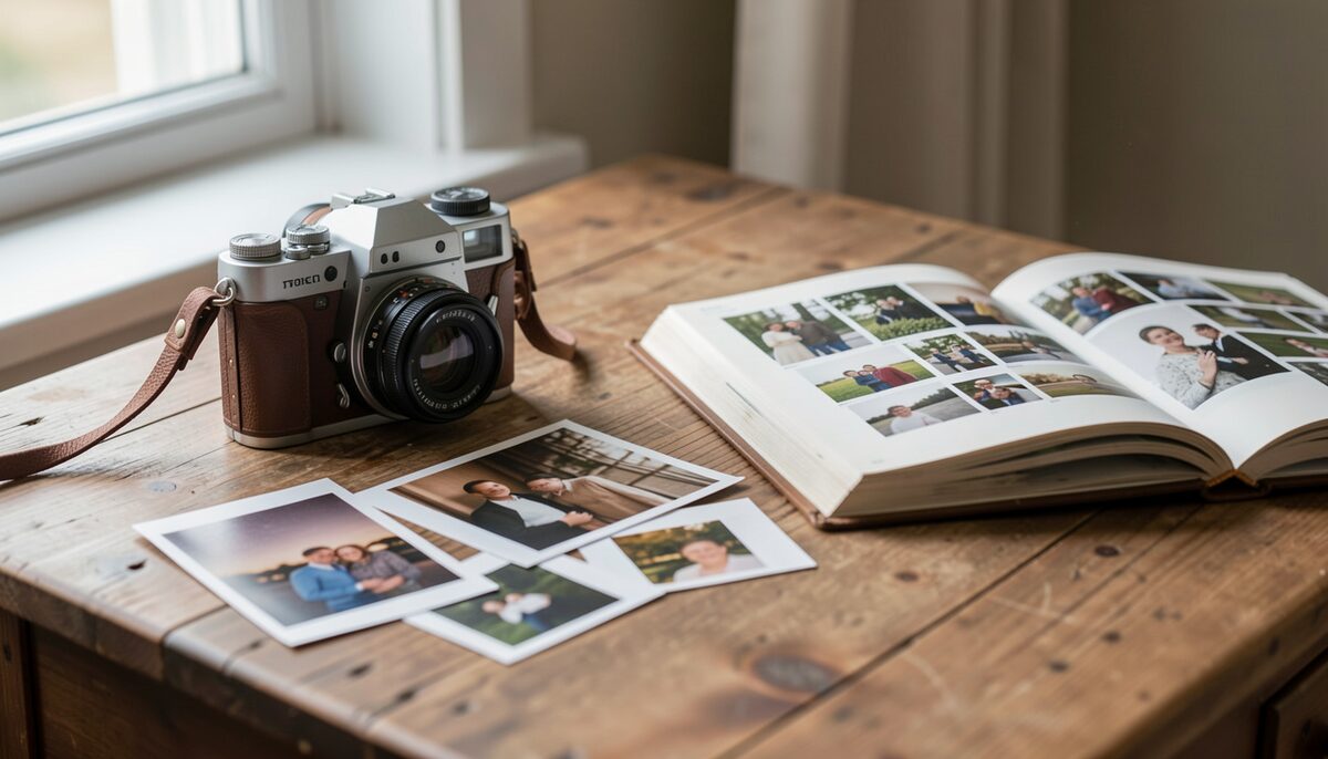 An older camera on a wooden table beside printed photos and an open photo album in soft window light.