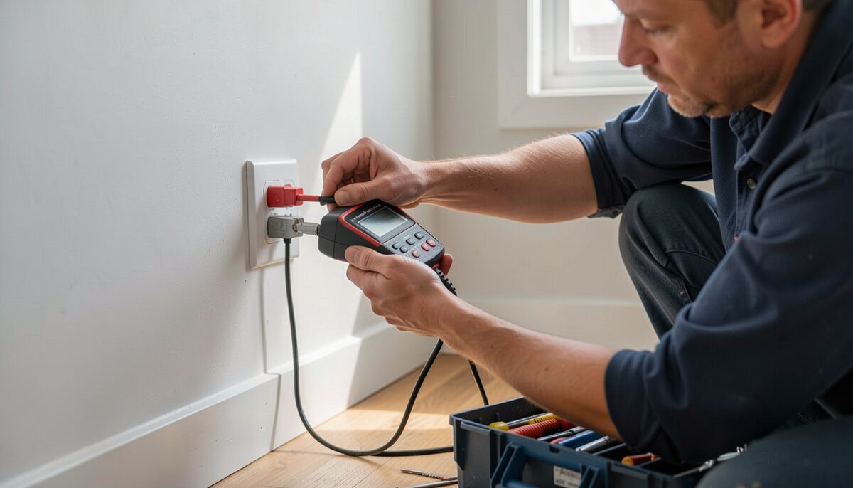 An electrician testing a household socket with a two-pole measuring device while a toolbox sits open on the floor nearby.