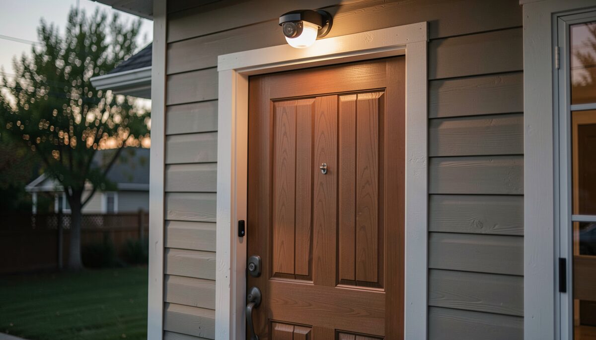 A sturdy house entrance door with secure lock and a motion detector light above it at dusk.