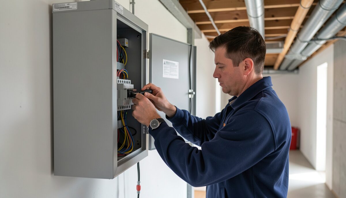 An electrician tightening a circuit breaker inside an open grey distribution board in a bright basement corridor.