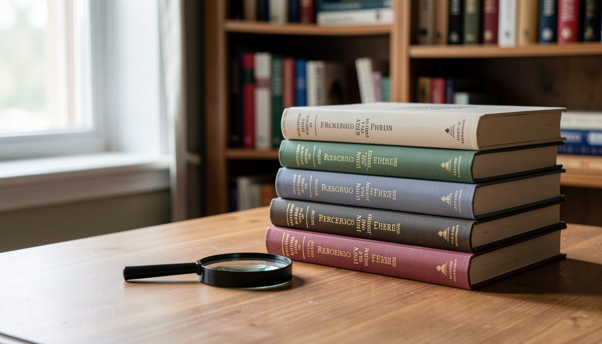 A stack of thick reference books beside a magnifying glass on a wooden desk in a quiet study.