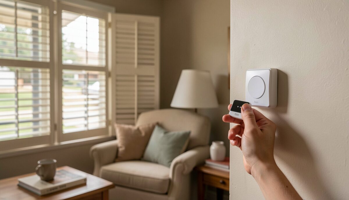 A hand holding a small wireless wall switch near a lamp in a cozy living room with shutters half closed.