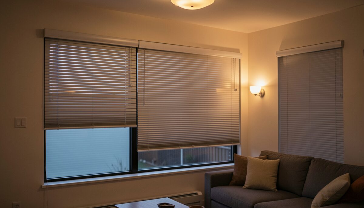 A living room at dusk with closed roller shutters and warm ceiling light controlled by a wall switch.
