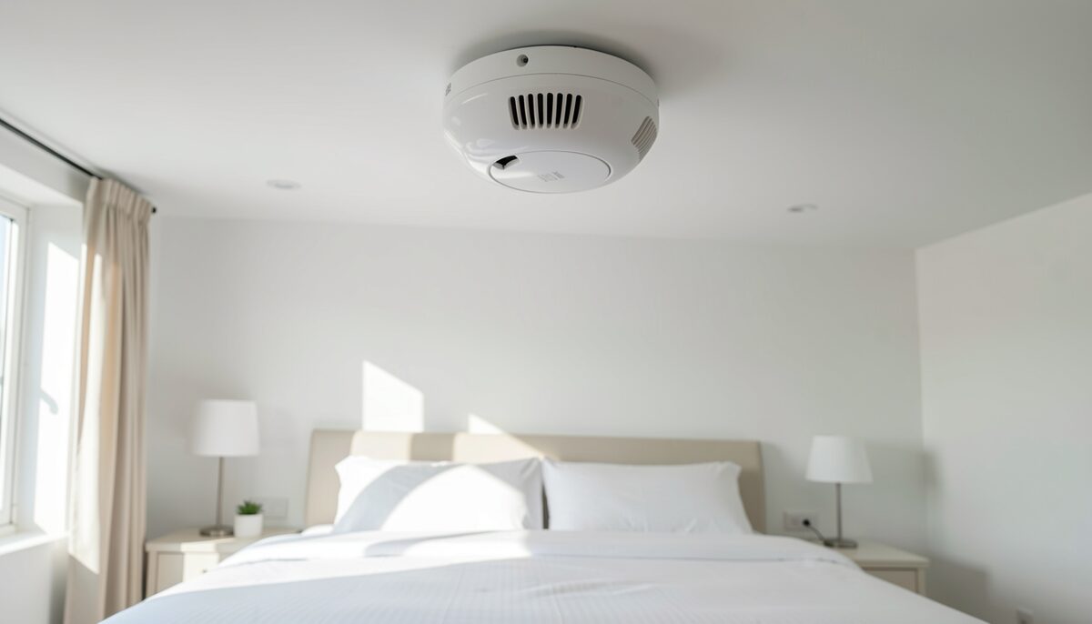 A white smoke detector mounted on a white bedroom ceiling above a neatly made bed in daylight.