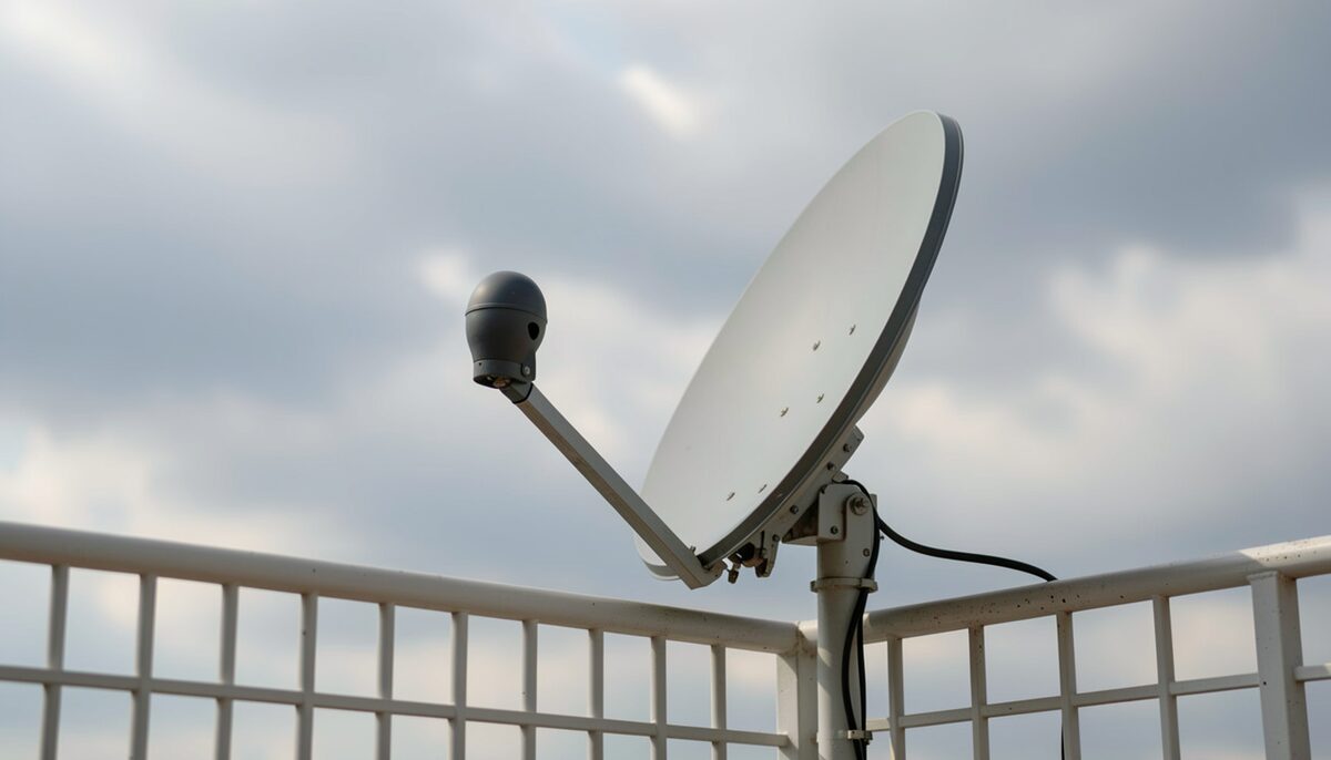 Close view of a satellite dish and feed arm mounted on a balcony railing against a cloudy sky.