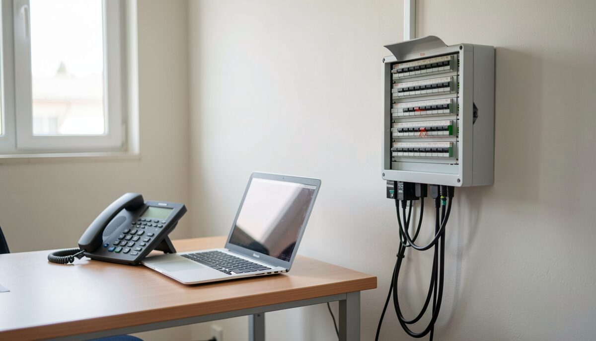 A small office desk with a desk phone and laptop beside a wall-mounted telephone distribution box with cables.