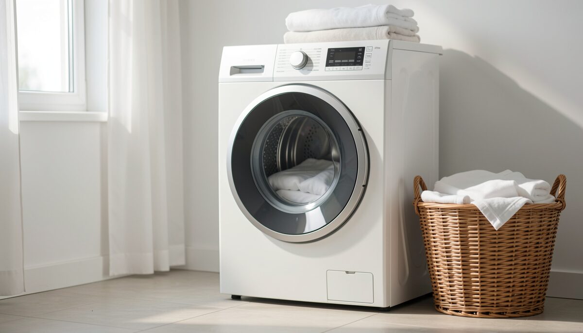 A modern front-loading washing machine in a bright laundry room with a basket of white laundry beside it.