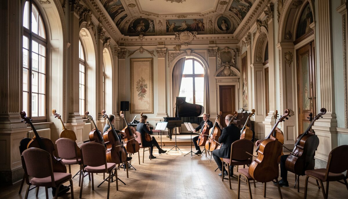 A small baroque concert hall with string instruments on chairs before an evening performance.