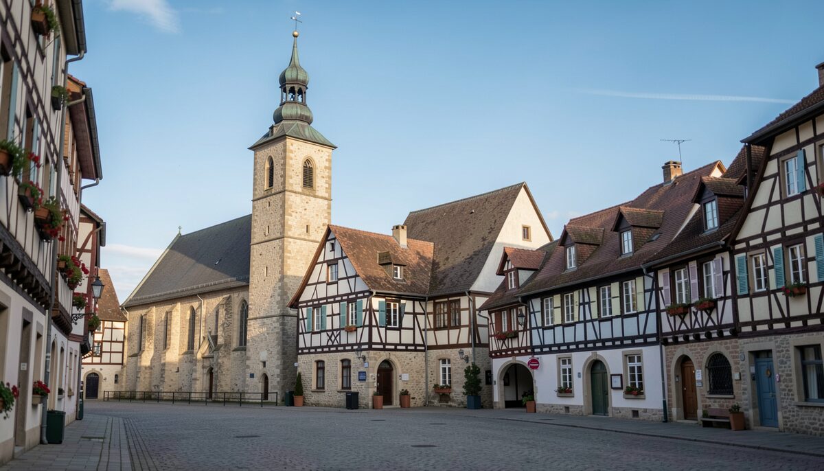 A town square with a historic church tower and half-timbered facades under blue sky.